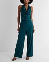 Date Night,Cocktail & Party,Formal Satin Tie Halter Cowl Neck Wide Leg Palazzo Jumpsuit