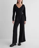 Casual Luxe Lounge Long Sleeve Surplice Wide Leg Palazzo Jumpsuit Brown Women's S