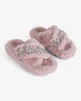 Faux Fur Rhinestone Crossover Slippers Black Women's S