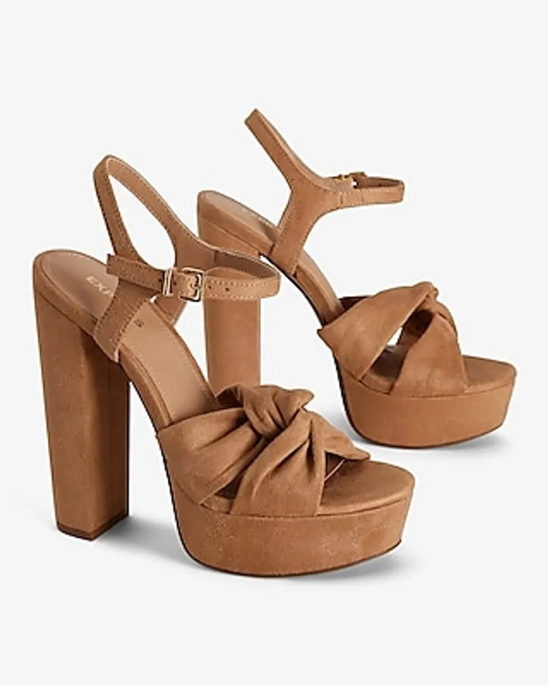 Faux Suede Twist Strap Platform Heeled Sandals Brown Women's