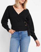 Ribbed Belted Faux Wrap Dolman Sleeve Sweater Neutral Women's S