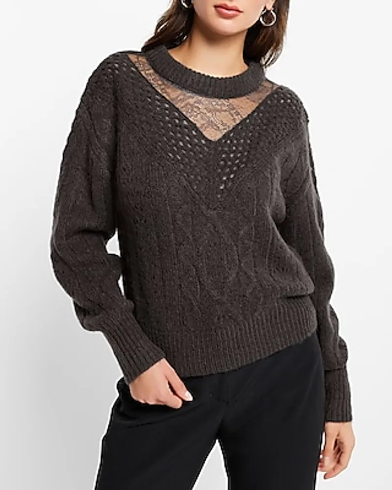 Cable Knit Crew Neck Lace Sweater Brown Women's XL