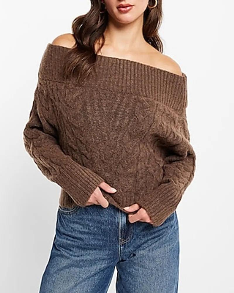 Off The Shoulder Cable Knit Sweater Neutral Women's M