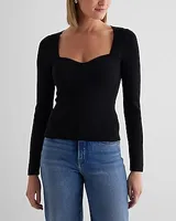 Ribbed Sweetheart Neckline Long Sleeve Sweater Red Women's M