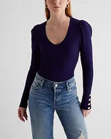 Silky Soft Fitted Puff Sleeve Novelty Button Sweater