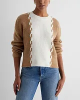 Cable Knit Color Block Crew Neck Sweater White Women