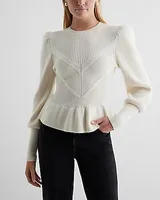 Ribbed Crew Neck Puff Sleeve Peplum Sweater