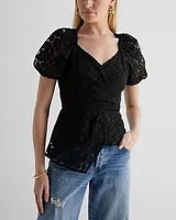 Lace Puff Sleeve Asymmetrical Peplum Top