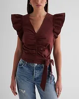 V-Neck Flutter Sleeve Ruched Tie Waist Top