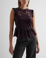 Velvet Crew Neck Lace Embroidered Peplum Top Black Women's L