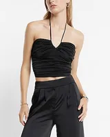 Satin Ruched Halter Neck Crop Top Neutral Women's S