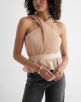 Twist Halter Neck Pleated Peplum Tank Pink Women's XS