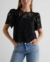 Embroidered Crochet Puff Sleeve Top