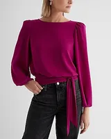 Crew Neck Balloon Sleeve Tie Waist Top Women