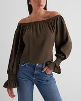 Satin Off The Shoulder Smocked Cuff Top