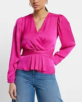 Satin V-Neck Twist Front Peplum Top Orange Women's XS