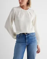 Satin Textured Gathered Neck Balloon Sleeve Top Women