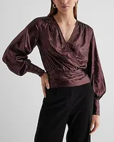 Metallic V-Neck Balloon Sleeve Faux Wrap Top Women's