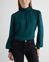 Textured Satin Smocked Mock Neck Long Sleeve Top