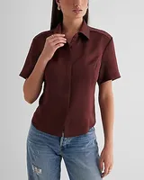 Fitted Satin Short Sleeve Button Up Shirt