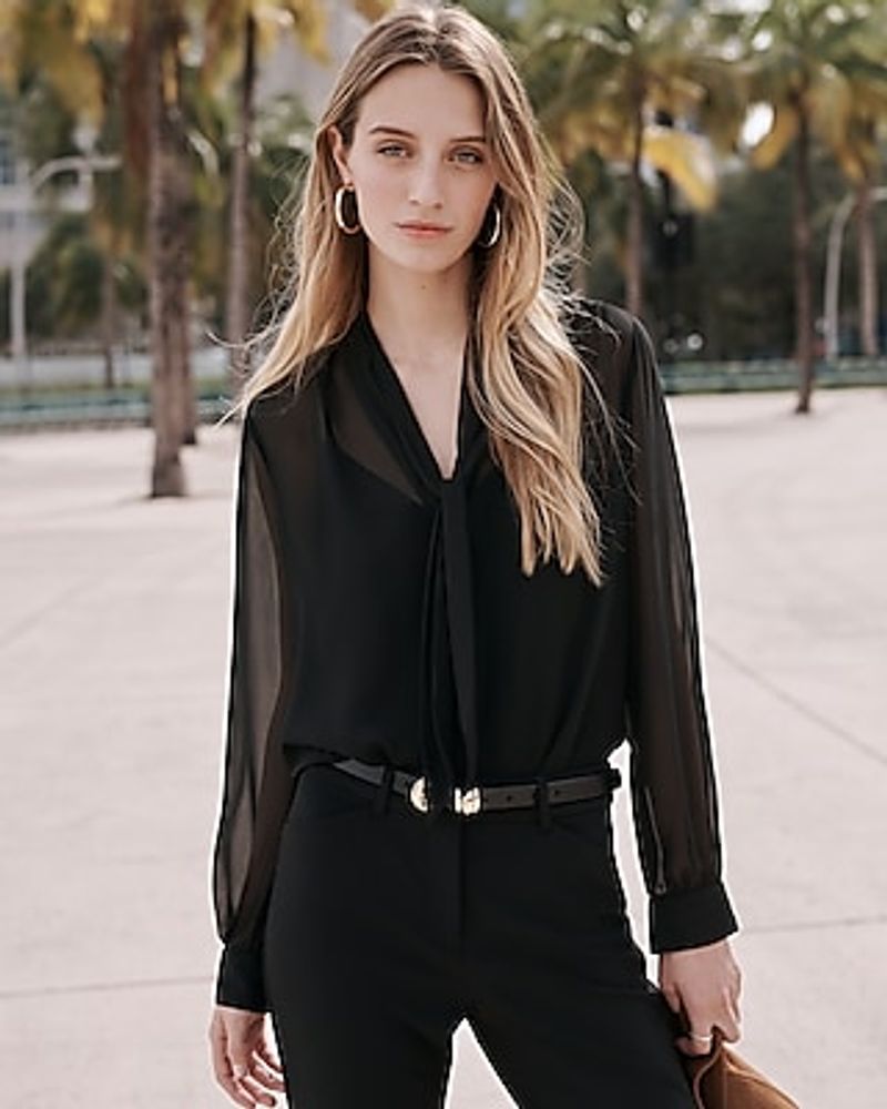 Relaxed Satin Long Sleeve Tie Neck Portofino Shirt