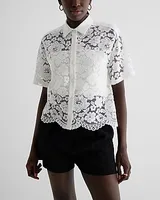 Lace Short Sleeve Button Up Shirt Black Women's M