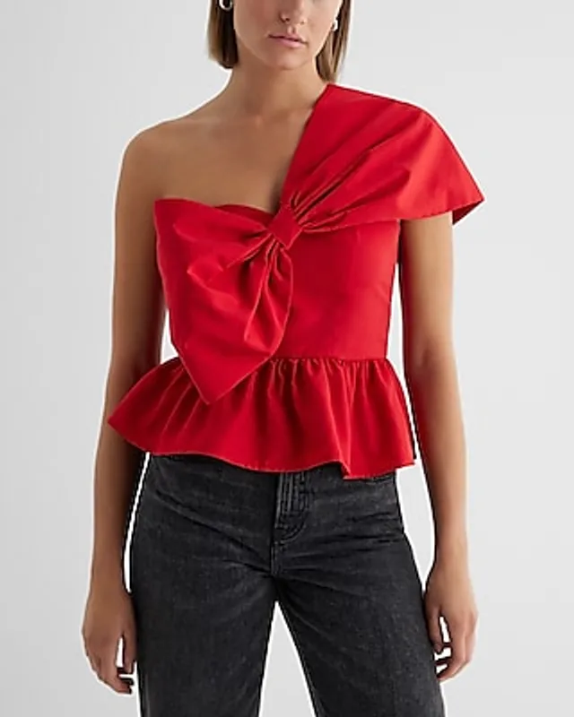 Express One Shoulder Bow Front Peplum Top Black Women's