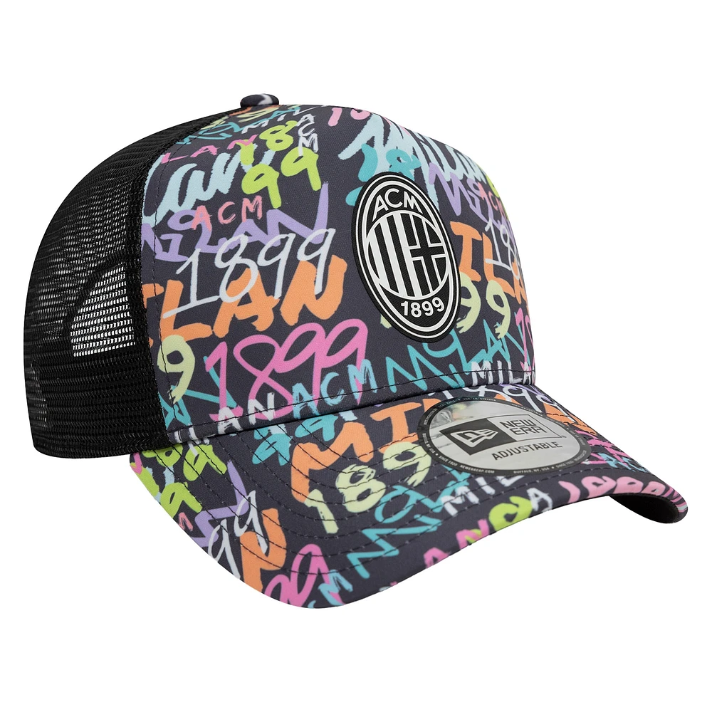 Men's New Era Black AC Milan Graffiti Allover Print Trucker Adjustable Hat