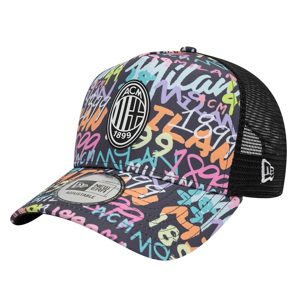 Men's New Era Black AC Milan Graffiti Allover Print Trucker Adjustable Hat