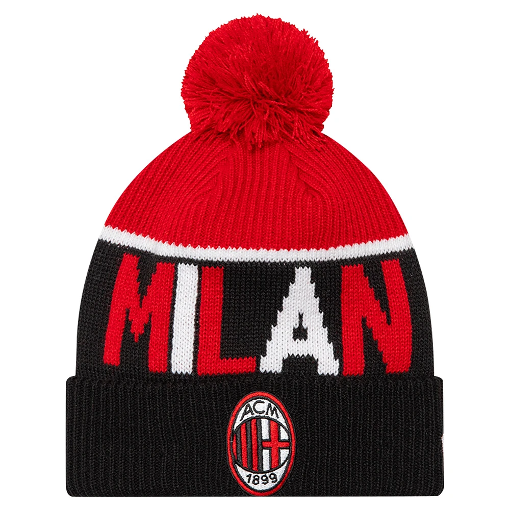 Bonnet en tricot à revers AC Milan Sport New Era noir pour hommes avec pompon