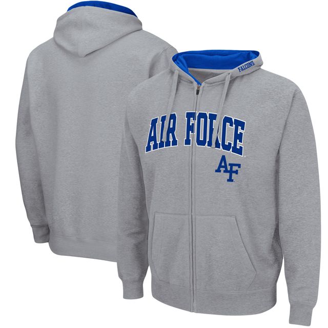 Sweat à capuche zippé complet Air Force Falcons gris chiné Colosseum pour homme Arch & Logo 3.0