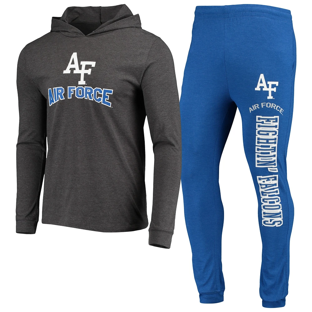 Ensemble pyjama Concepts Sport Royal/Heather Charcoal Air Force Falcons Meter pour hommes, t-shirt à capuche manches longues et pantalon de jogging