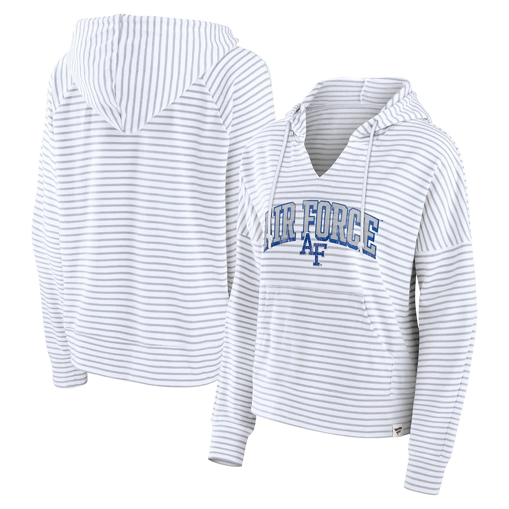 Women's Fanatics White/Gray Air Force Falcons Arch Logo Striped Notch Neck Pullover Hoodie