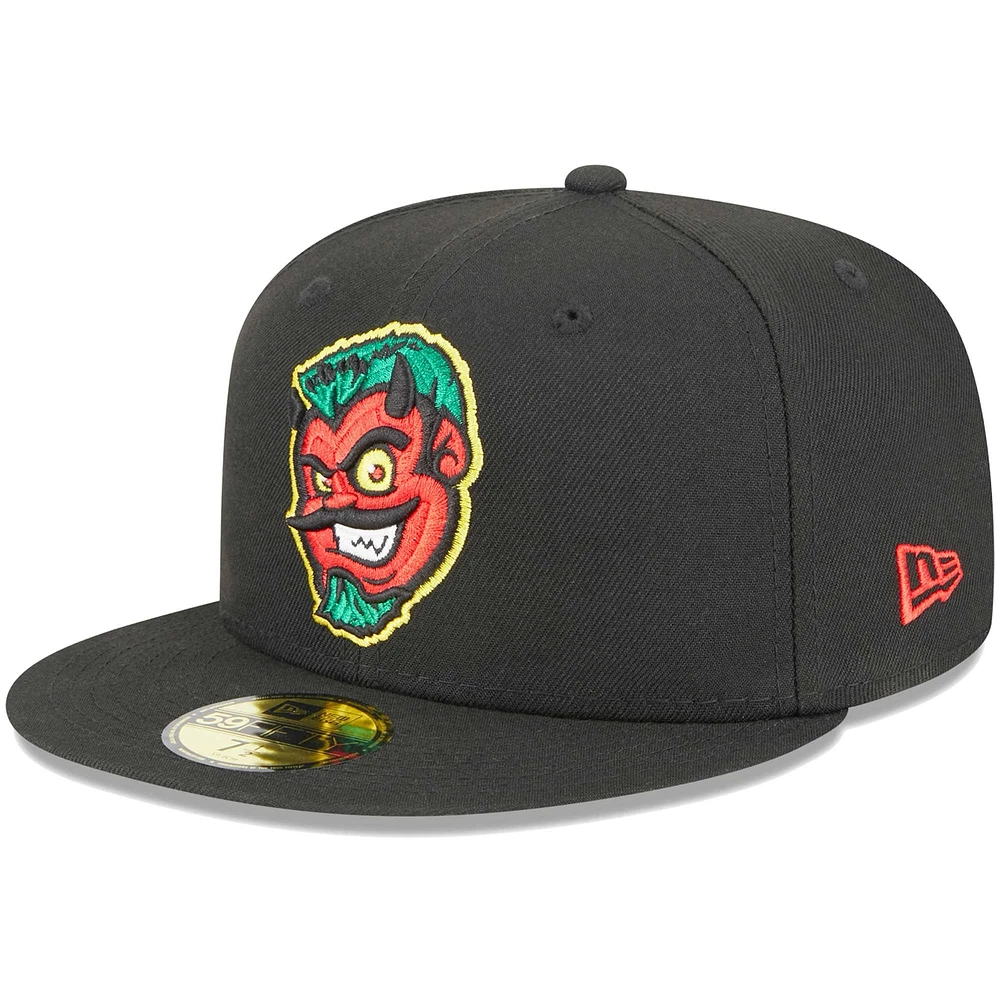 Casquette ajustée 59FIFTY Akron RubberDucks pour hommes New Era noire soirées à thème Devil Strips