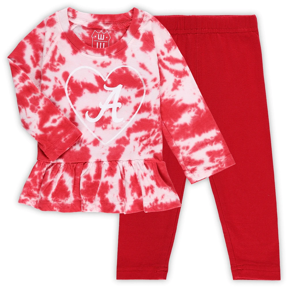 Girls Infant Wes & Willy Crimson Alabama Tide Tie-Dye Ruffle Raglan Long Sleeve T-Shirt Leggings Set