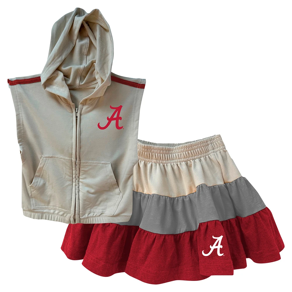 Girls Toddler Wes & Willy Tan Alabama Crimson Tide Tri-Blend Sleeveless Full-Zip Hoodie Tiered Skirt Set