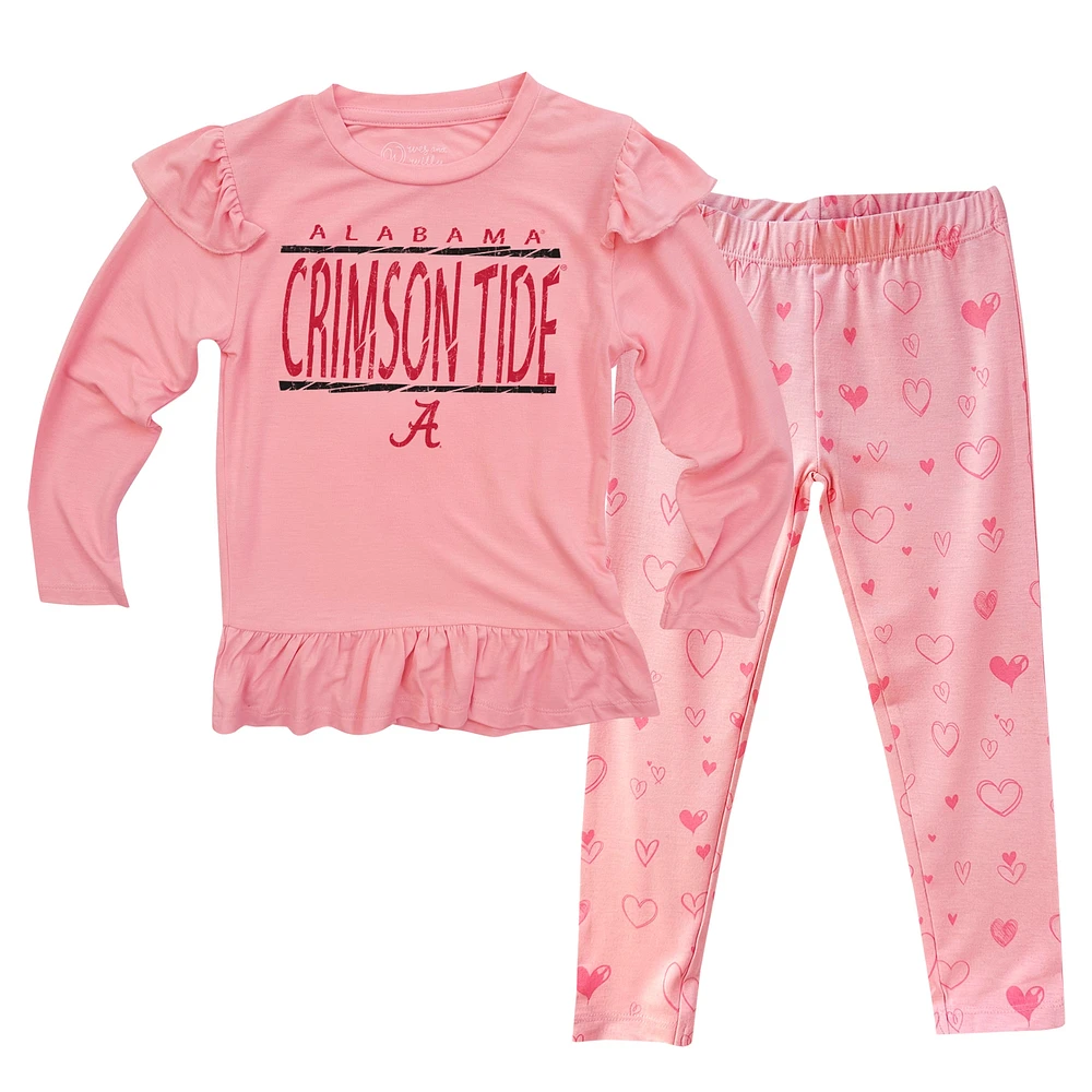 Ensemble de nuit pour bébé Wes & Willy Pink Alabama Crimson Tide avec t-shirt à manches longues volants et pantalon imprimé cœur