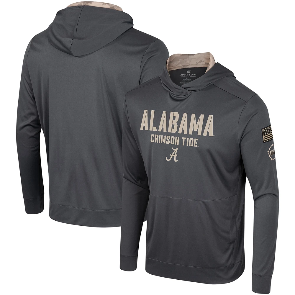 T-shirt à capuche manches longues pour hommes Colosseum Charcoal Alabama Crimson Tide OHT Military Appréciation