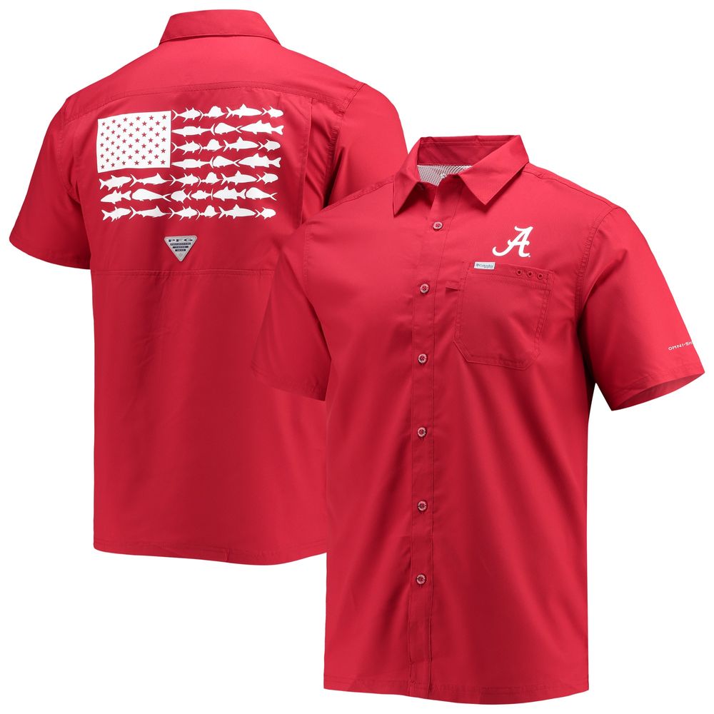 Men's Columbia PFG Crimson Alabama Tide Slack Camp Button-Up Shirt