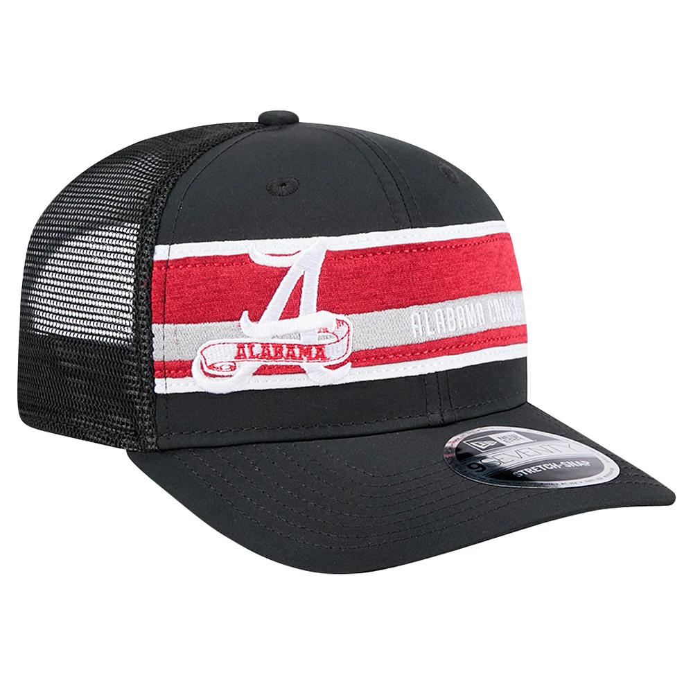 Men's New Era Black/Crimson Alabama Crimson Tide Striped 9SEVENTY Trucker Stretch-Snap Adjustable Hat