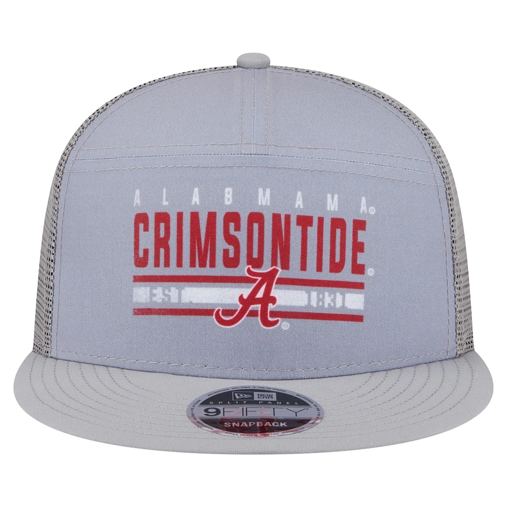 Men's New Era Gray Alabama Crimson Tide Split Panel 9FIFTY Snapback Trucker Hat