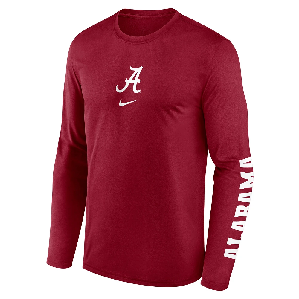 T-shirt Nike Crimson Alabama Tide Primetime Center Lockup pour homme, manches longues, légende de la performance