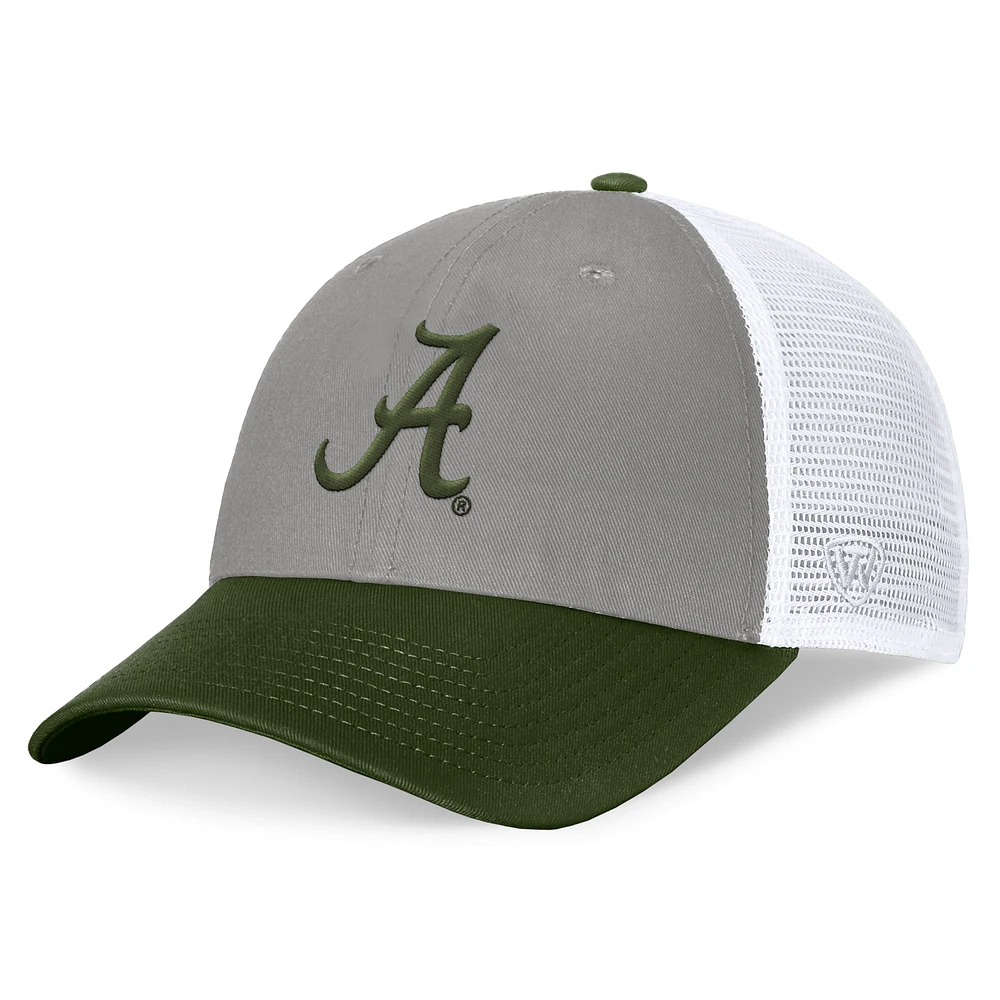 Men's Top of the World Gray/Green Alabama Crimson Tide OHT Military Appreciation Badge Trucker Adjustable Hat