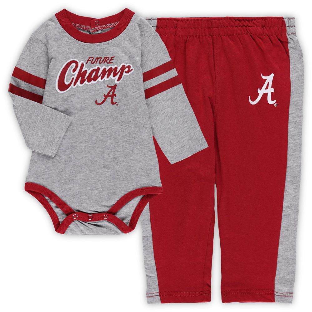 Newborn & Infant Heathered Gray/Crimson Alabama Crimson Tide Little Kicker Long Sleeve Bodysuit Sweatpants Set