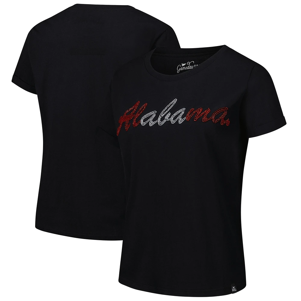 T-shirt noir pour femme avec inscription en perles cousues à la main Alabama Crimson Tide