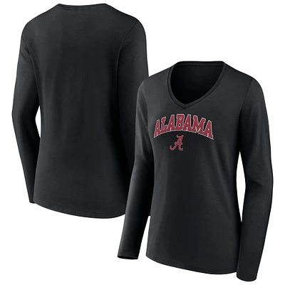 T-shirt à manches longues et col en V pour femme Fanatics Black Alabama Crimson Tide Campus