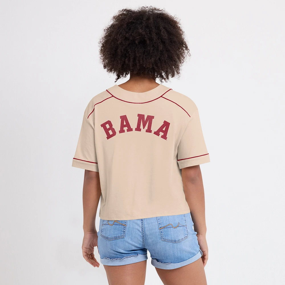 Women's Fanatics Tan Alabama Crimson Tide Oversized Dominant Force Cropped V-Neck T-Shirt
