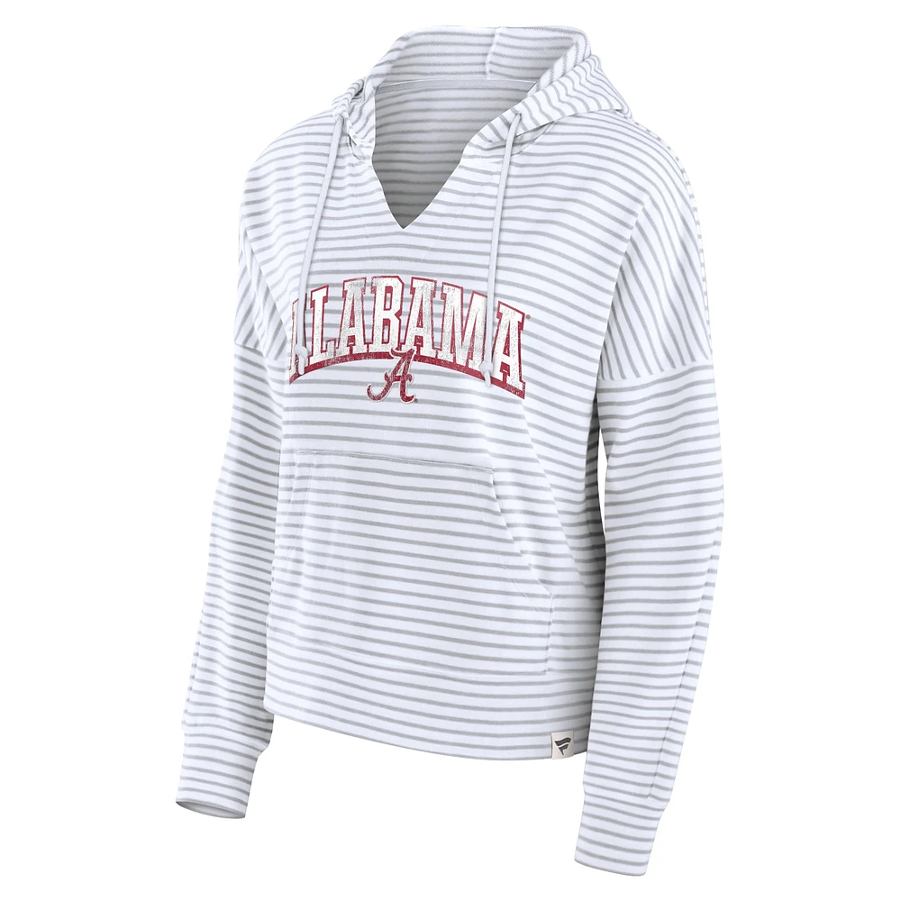 Women's Fanatics White/Gray Alabama Crimson Tide Arch Logo Striped Notch Neck Pullover Hoodie