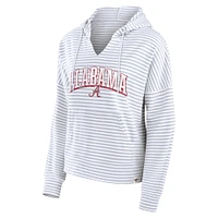 Women's Fanatics White/Gray Alabama Crimson Tide Arch Logo Striped Notch Neck Pullover Hoodie