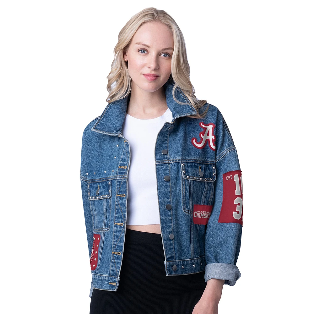 Women's G-III 4Her by Carl Banks Denim Alabama Crimson Tide Game Ball Patches and Studs Full-Button Jacket